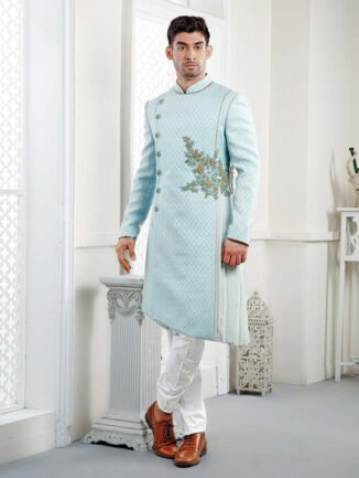Ice Blue Jacquard Silk Indowestern Sherwani Wedding