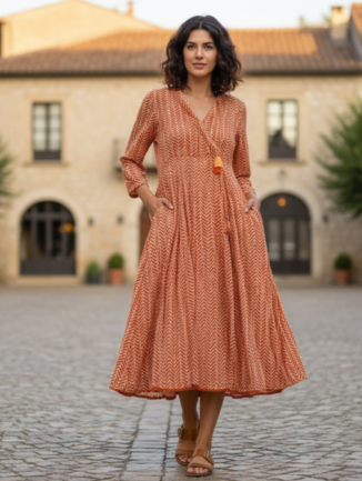 Orange Tribal Print Flared Dress
